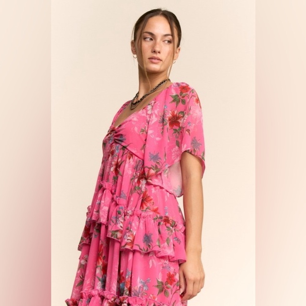 Floral Tiered Ruffle Maxi Dress with Flutter Sleeves - Davi & Dani - Picture 5 of 7